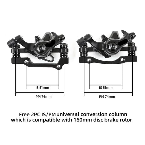Stop On A Dime Heavy Duty Mechanical Disc Brake Set With Floating Rotor Caliper Cable Lever Kit For Mountain Bikes And Motorcycles showing IS/PM universal conversion columns.