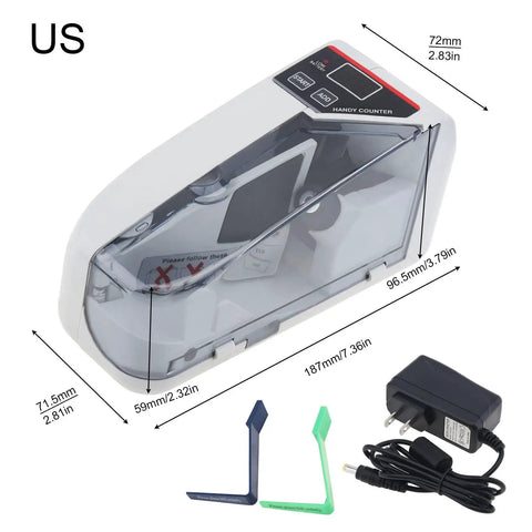 Portable Mini Bill Counter Machine with dimensions and AC adapter included