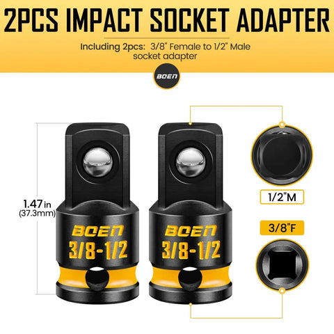 2 Pack 3/8 F to 1/2 M Impact Socket Adapters, 3/8 Drive For Ratchet Wrench, ANSI Standard, Deep Yellow Embossed Markings, CR-MO Steel
