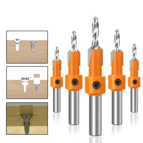 Heavy-Duty Countersink Drill Bit Set, 5-Piece With 8/10mm Round Shanks And 2.8-4mm Conical Bits for woodworking projects.