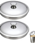 Solid Stainless Steel Universal Mug Lid Keeps Your Morning Grind Hot And Clean With Zero Fuss, shown from above and side.