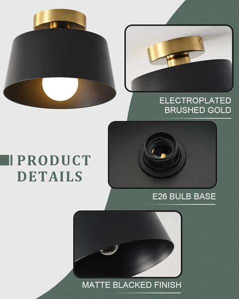 Modern Hallway Ceiling Light Fixture With Gold Plate And Matte Black Shade, Semi Flush Mount with E26 bulb base details.