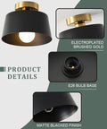 Modern Semi Flush Mount Ceiling Light Fixture With Gold Plate Accents And Matte Black Shade Dope Hallway Porch Lighting