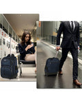 Two blue MATEIN rolling laptop backpacks; front and side views beside a seated traveler and a suited commuter.