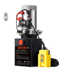 VEVOR hydraulic power unit for dump trailers with black control box, red start button, silver motor, and yellow wired remote