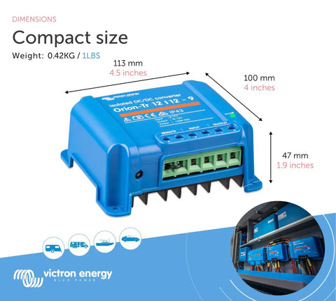 Orion-Tr DC To DC Converter 12/12 Volt 9 Amp 110 Watt Isolated IP43 Protected, compact blue unit with dimensions and weight details.