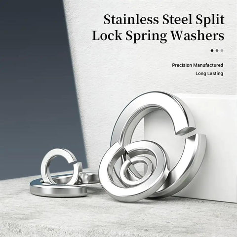 Big 1200Pcs M8 201 Stainless Steel Spring Lock Washers Set for Industrial and DIY Projects, Rust Resistant and Heat Proof, Inner Diameter 0.342in, Thickness 0.083in, Wide 0.087in, Opening 0.207in, Strong Elastic Locking Force, stainless steel split lock spring washers displayed in assorted sizes
