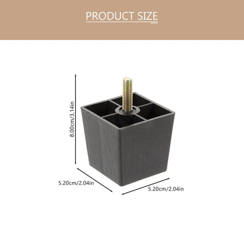 Four Pack Square Furniture Legs For Sofa And Cabinet, Black Metal And Plastic, Easy Install Replacement Feet, showing size dimensions.