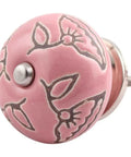 Fifty Piece Ceramic Pink Calla Lily Drawer Knobs Boasting Slick Etched Florals And Ultra Smooth Edges For Kitchen Cabinets And Dressers Delivering Top Shelf Vibe With Heavy Duty Grip, close-up of floral knob.