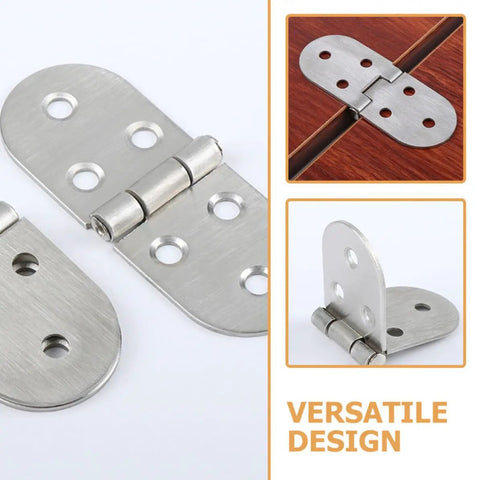 Stainless Steel Folding Table Top Hinges Two Piece Pack For Desktops And Folding Tables, shown open and mounted on wood
