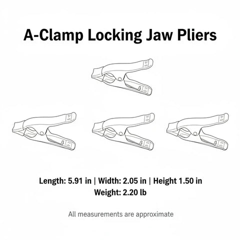 A-Clamp Locking Jaw Pliers dimensions showing 5.91 in length, made from durable alloy steel for precise assembly and gluing jobs.