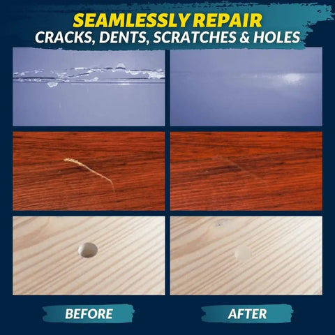 Before and after repair images using All-In-One Floor and Furniture Repair Kit for Scratches, Dents, and Scuffs on Hardwood, Laminate, and Wood Furniture - Easy Kneadable Putty for DIY Fixes and Quick, Lasting Results That Look Brand New.