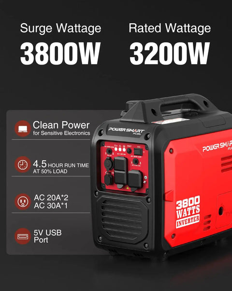 Portable Inverter Generator Pumping Out 3800 Start And 3200 Run Watts Of Smooth Clean Power For Laptops And Electronics, showcasing wattage and plugin options.
