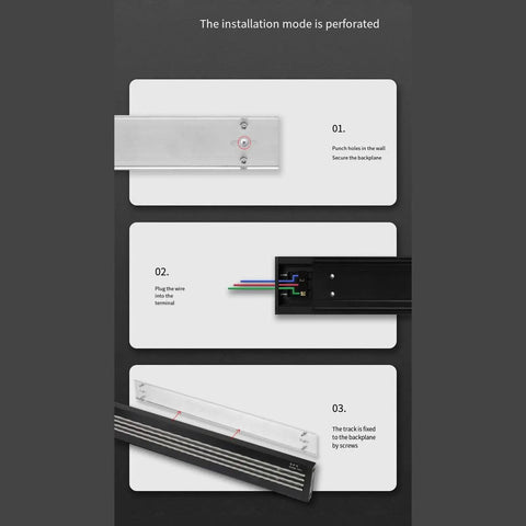 Installation guide for Top Notch Wall Mounted Track Power Strip Featuring Slick Sliding Sockets 100 cm with color-coded wiring.