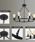 Black Wagon Wheel Chandelier, 6-Light Rustic Modern Farmhouse Pendant For Dining Room Over Table, 23.6 Inch Ceiling Light Fixture details