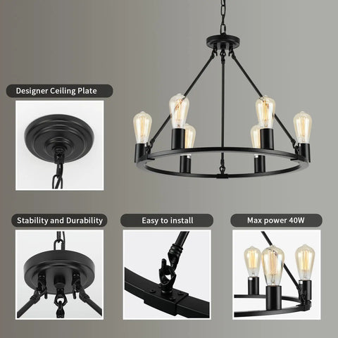 Black Wagon Wheel Chandelier, 6-Light Rustic Modern Farmhouse Pendant For Dining Room Over Table, 23.6 Inch Ceiling Light Fixture details