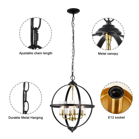 Rustic Black And Gold Finish Four Light Globe Pendant Chandelier with Glass Covers and adjustable chain for living rooms