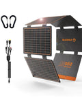 60W Portable Solar Panel Charger With PD3.0 USB C QC3.0 USB A And DC Output Foldable IP67 Waterproof with accessories displayed.