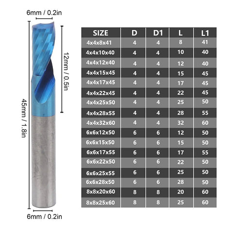 Pro Grade Tungsten Steel Spiral Milling Cutter With Blue Coating 6x12x45 Mm for CNC Machining chart and dimensions