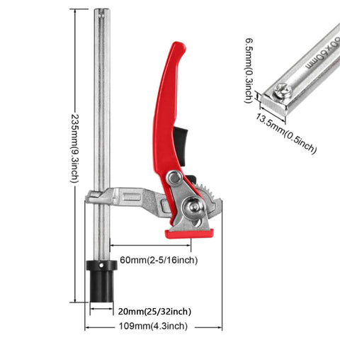 Two Pack Quick Ratchet Bench Dog Clamps For 20mm Dog Holes Holds Down Up To Six And Five Sixteenths Inches Throat Depth Two And Five Sixteenths Inches