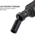 Ten Piece One Half Inch Drive Deep Universal Impact Socket Set Metric Ten Through Nineteen Millimeter With 360 Degree Flex Head Chrome Molybdenum Steel Construction Black Oxide Finish Fully Ready For Tough Torque; flex socket design in use.