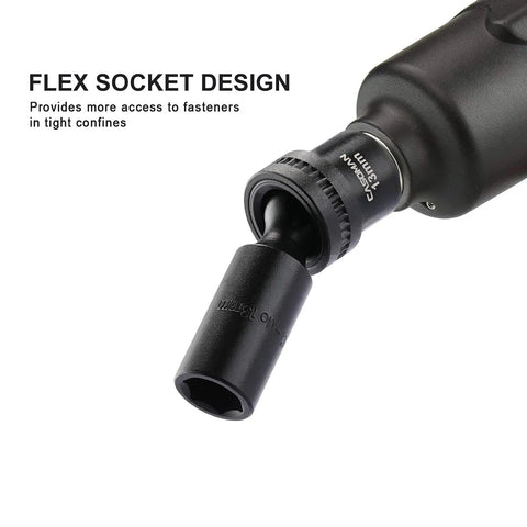 Ten Piece One Half Inch Drive Deep Universal Impact Socket Set Metric Ten Through Nineteen Millimeter With 360 Degree Flex Head Chrome Molybdenum Steel Construction Black Oxide Finish Fully Ready For Tough Torque; flex socket design in use.