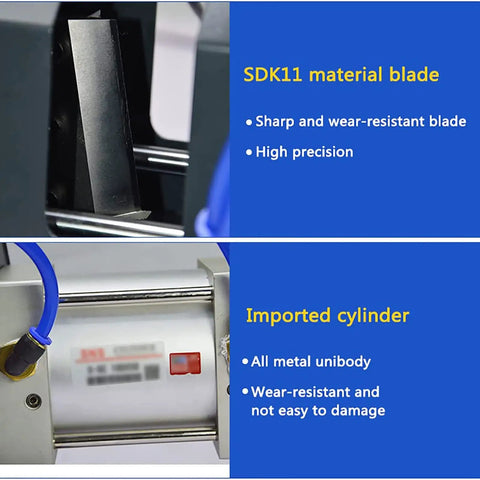 Close-up of SDK11 sharp blade and imported metal cylinder in a Top Tier Heavy Duty Pneumatic Cable Cutter With All-Metal Build.