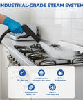 Compact Dry Steam Cleaner 1700W Commercial Grade using 72 inch hose for grease removal on stove top with steam.