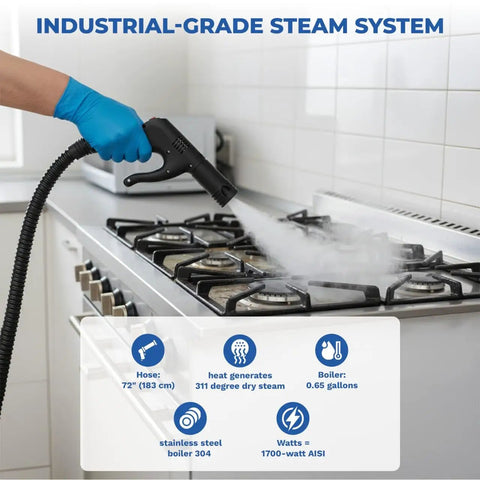 Compact Dry Steam Cleaner 1700W Commercial Grade using 72 inch hose for grease removal on stove top with steam.