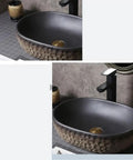 USZWBY Imitation Stone Ceramic Vessel Sink Small Wash Basin for Outdoor Pool Home Bathroom Modern Countertop Art Design in oval shape on countertop.