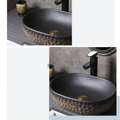 USZWBY Imitation Stone Ceramic Vessel Sink Small Wash Basin for Outdoor Pool Home Bathroom Modern Countertop Art Design in oval shape on countertop.