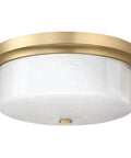 Close To Ceiling 12 Inch Flush Mount Light Fixture In Gold Metal Finish With Handmade White Marble Art Glass Shade For A Cool Retro Industrial Vibe In Bedroom Living Room Hallway Kitchen And Laundry