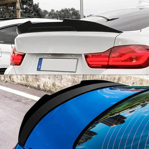 Totally Rad Carbon Fiber Look Rear Trunk Spoiler Wing For 2014 To 2020 BMW 4 Series F36 Gran Coupe DN Style installed on two cars.
