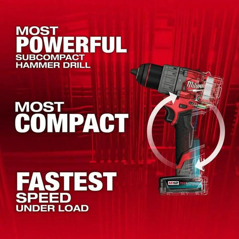 M12 Fuel Cordless Hammer Drill Kit Delivering Knockout Torque And Slick Grip Handling Crushes Through Concrete And Lumber Like Badass Power Perfect For Pro Grind Days And Weekend Workshops Requiring Zero Hassle Maximum Reliability showing compact design and features