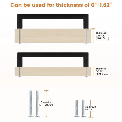 Solid Flat Black Square Cabinet Pulls, Built Tough Stainless Steel Drawer Handles, sizes for thicknesses 0-1.62 inches shown.