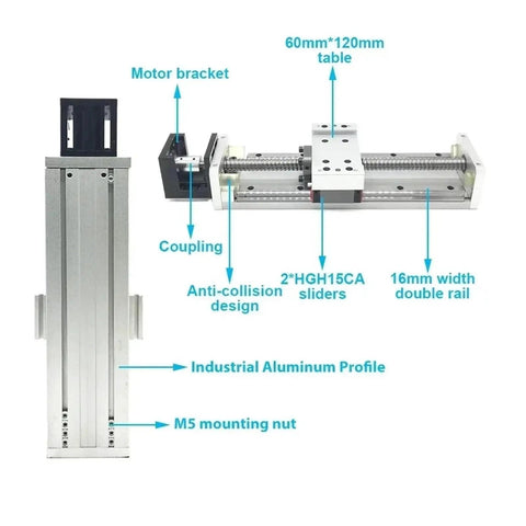 Enclosed Double Linear Rail Guide Stage For X Y Z Motion With Dust Cover 900mm SFU1610 shown with motor bracket and sliders labeled