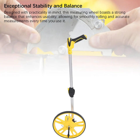 12 Inch Folding Mechanical Measuring Wheel Straight Up Reliable Metric Distance Tracker With Portable Carry Handle shown standing with yellow wheel.