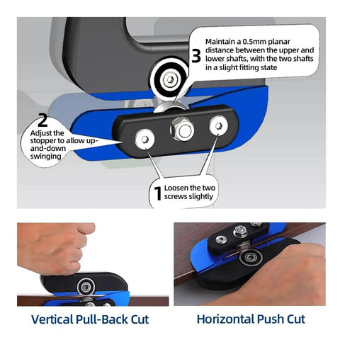 Instructions for Pro Grade Edge Banding Trimmer With Dual Eccentric Bearing System For Clean Tear Free Edges On PVC Melamine Laminates And Vinyl Panels Includes Free Five Woodworking Saw Blades For A Smooth User Friendly Cut, illustrating setup and cutting techniques.
