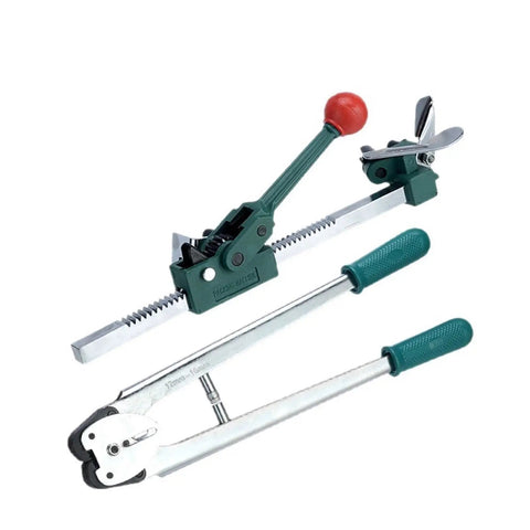 Heavy-Duty Manual PP Strapping Machine With 5-Plate Cast Steel Sealing Jaw And Tensioner, green hand tool for secure banding.
