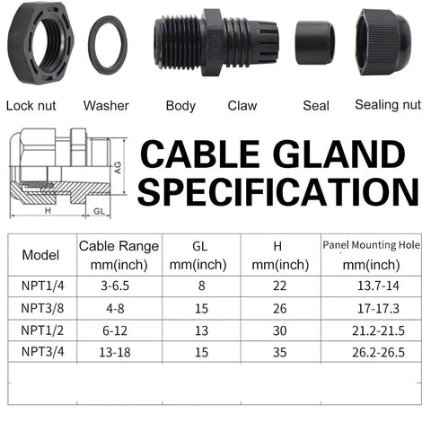 Diagram with parts and specifications for Waterproof NPT Cable Glands Kit With Threads Adjustable Seals For Outdoor Use