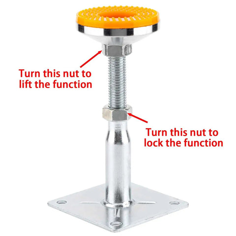 Built Tough As Nails 2 Pack Adjustable Support Jacks With Anti Slip Shock Absorbing Pads showing lift and lock nut functions for stability.