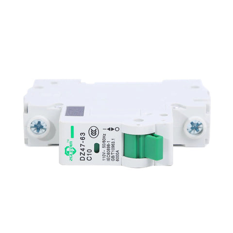 Front view of DZ47-63 1 Pole Miniature Circuit Breaker 16A 110V 240V Din Rail MCB for home electrical panel and solar setup