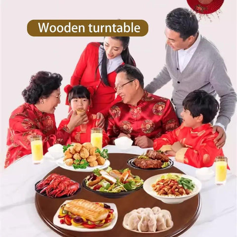 Family gathered around 33 Inch Heavy Duty Wooden Lazy Susan Turntable, sharing dishes and enjoying dinner.
