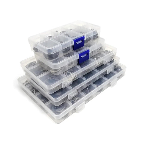 Stacked plastic cases filled with All In One M8 M24 Internal Circlip Snap Ring Kit Set C Type Retaining Clips Black 304 Stainless Steel 250 Pcs