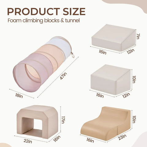 Tot Certified Soft Foam Climbing Blocks And Crawl Tunnel Playset For Kiddos Featuring Safe Pu Leather Cover Smooth Finish and dimensions of each piece.