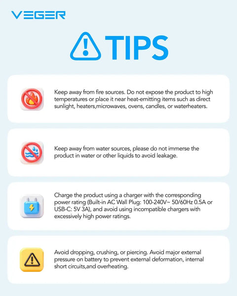 Safety tips infographic for using the All In One Portable Charger With Built In AC Plug And Cables 10000mAh Ultra Slim Power Bank.