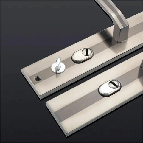 Universal Door Handle Panel With Dual Latch Solid Indoor Security Hardware For Bathroom And Balcony Doors shown in metal finish