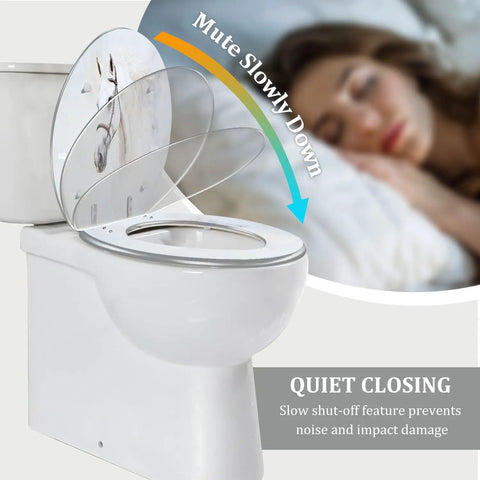 Toilet Seat Elongated for Bathroom with quiet closing feature, designed for comfort and convenience in a modern bathroom.