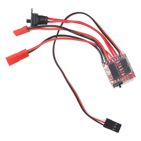 Mini RC 20A Brushed ESC For Boats And Cars, 2KHz Forward Reverse Brake Speed Controller with wires and connectors visible.