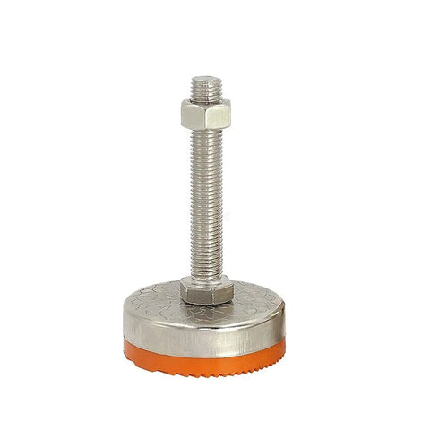 Four Pack Adjustable Leveling Feet For Furniture Cabinet And Workbench, Rust Resistant Iron With PVC Anti Slip Mat, 500 Kg Load, D80 M16 M20 Options With Various Lengths, Durable Striped Base For Tables, Cabinets, Plant Racks, one adjustable foot with threaded stud and orange PVC base